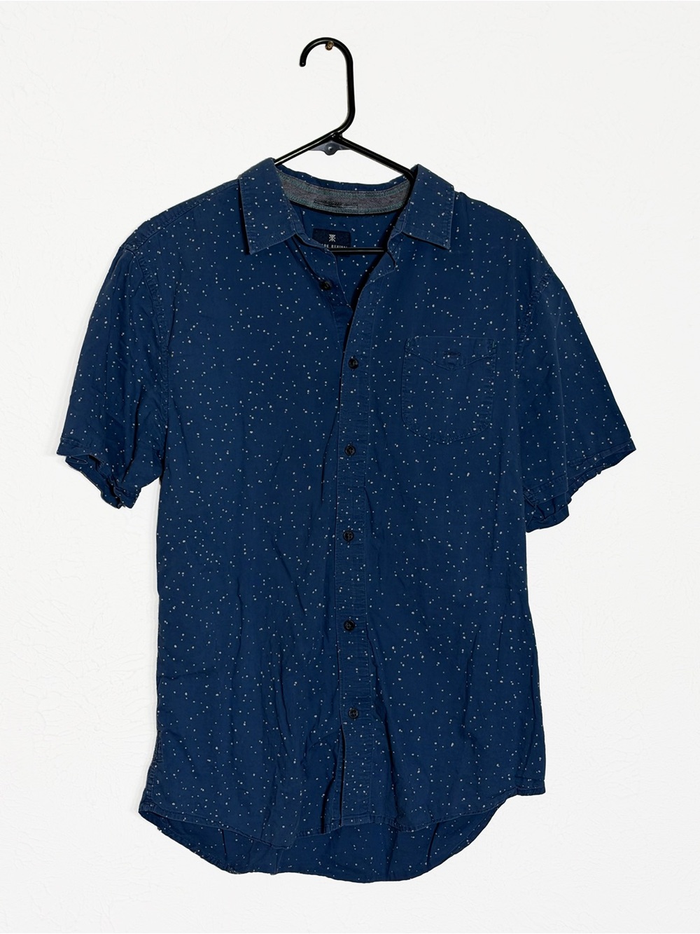 Men’s Large Roark Revival Short Sleeve Dark Blue Button Down Shirt Dot Print